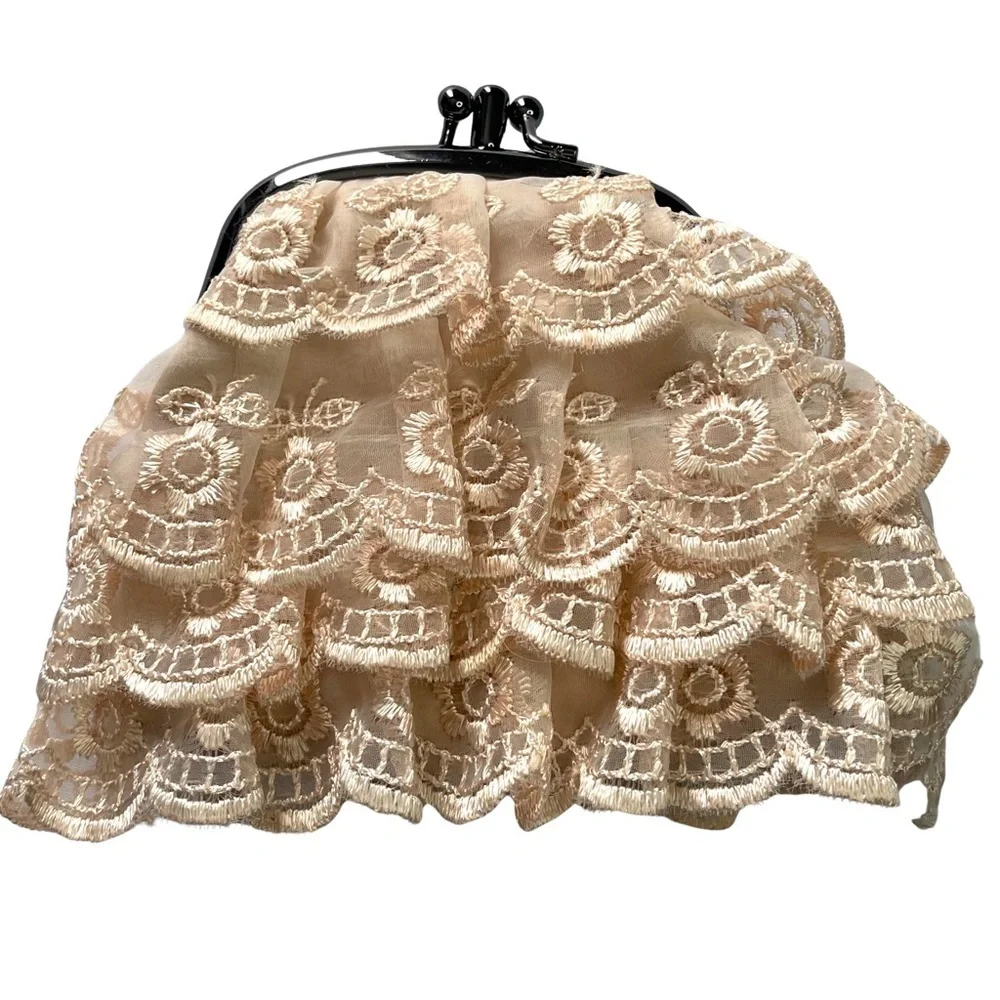 Beige Lace Clutch Wallet with Black Frame Closure